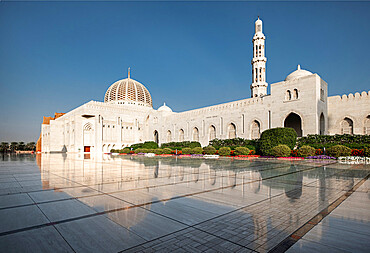 Sultan Qaboos Mosque reflected in the shiny marble floor, Muscat, Oman, Middle East