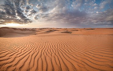 Sand dunes at sunset in the Wahiba Sands desert with clouds in the sky, Oman, Middle East