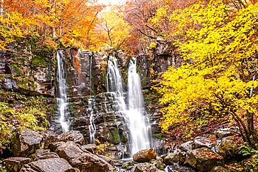 Long exposure at Dardagna waterfalls in autumn, Parco Regionale del Corno alle Scale, Emilia Romagna, Italy, Europe