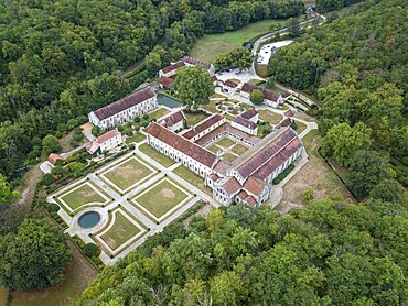 Aerial view of Unesco world heritage site of Abbey of Fontenay complex, France