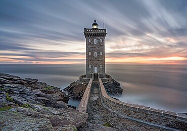 Long exposure at blue hour at Kermorvan Lighthouse, Finistere, Brittany, France, Europe