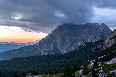 Cloudy twilight over Conturines mountain from Passo Valparola in summer, Dolomites, Italy, Europe