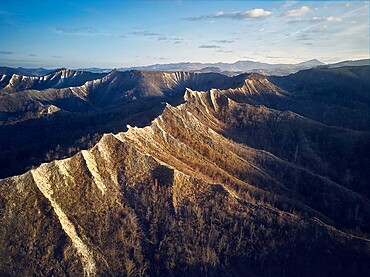 Aerial view over badlands, Emilia Romagna, Italy, Europe