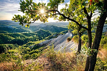 Badlands and green hills framed by trees and a sunburst, Emilia Romagna, Italy, Europe