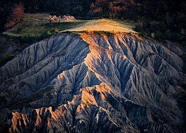 Badlands at sunrise with cherry tree in blossom, Emilia Romagna, Italy, Europe