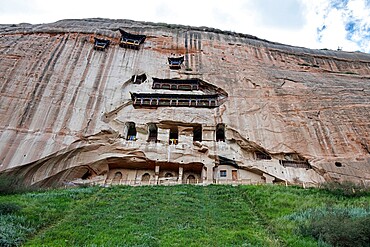 Front view of a temple hollowed in the mountain, Ganzu, China, Asia