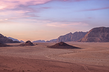 Wadi Rum plain before sunrise with soft pastel colors