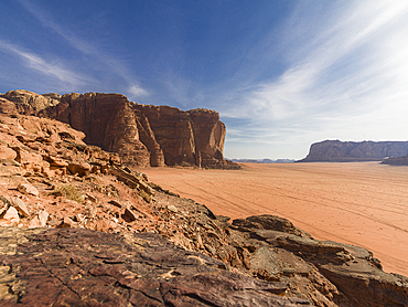 Red rocks and mountains in the Wadi Rum desert in Jordan