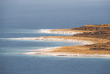 Coast with white salt deposit of the Dead Sea, Jordan, Middle East