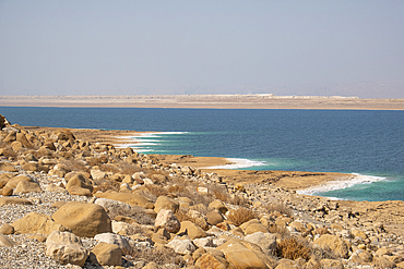 The shore with white salt formation on the beach, Dead Sea, Jordan, Middle East