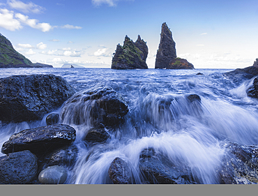 Long exposure of the ocean and the sea stacks in the Bahia da Alagoa, Flores island, Azores islands, Portugal, Atlantic Ocean, Europe