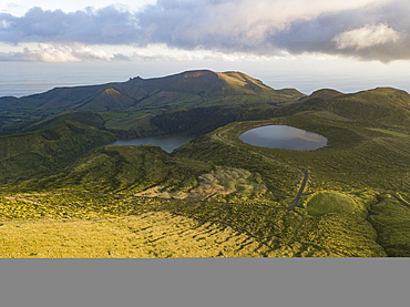 Aerial view of Caldeira Rasa lake on Flores Island at sunset, Azores islands, Portugal, Atlantic, Europe