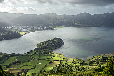 Miradouro do Cerrado das Freiras viewpoint on the huge volcanic crater that is now Lagoa Azul on Sao Miguel island, Azores Islands, Portugal, Atlantic, Europe