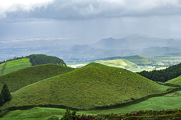 Miradouro do Pico do Carvao viewpoint on the green hills of Sao Miguel island, Azores Islands, Portugal, Atlantic, Europe