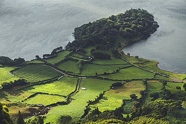 Miradouro do Cerrado das Freiras viewpoint on the huge volcanic crater that is now Lagoa Azul on Sao Miguel island, Azores Islands, Portugal, Atlantic, Europe