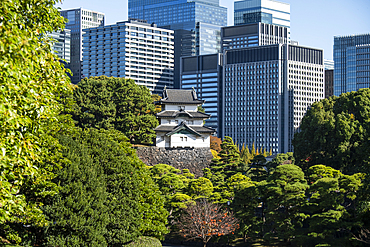 Fujimi-yagura guard tower in the Imperial Palace of Tokyo and modern skyscrapers in the background, Tokyo, Honshu, Japan, Asia