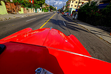 The hood of a vintage car driving the streets of Havana, Havana, Cuba, West Indies, Central America