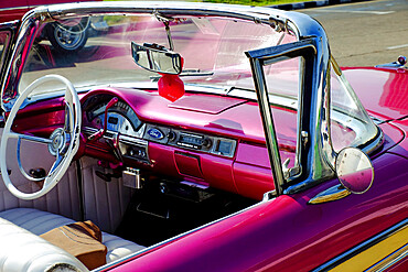 Close view of driver's seat of classic vintage convertable car, Havana, Cuba, West Indies, Central America