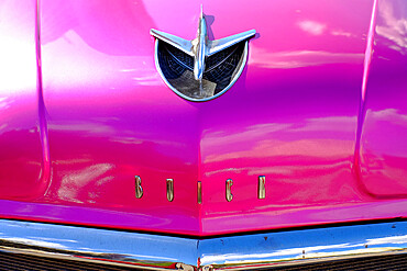 Close view of hood ornament and chrome fender on a classic vintage Buick, Havana, Cuba, West Indies, Central America