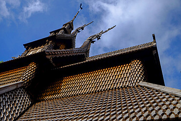 Close view of the roof of the Fantoft Stave church, Bergen, Norway, Scandinavia, Europe