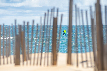 James Jenkins on his wind surfer in the Atlantic Ocean in Nags Head, North Carolina, United States of America, North America