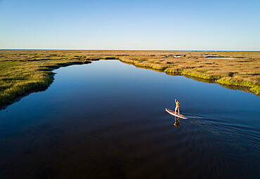 Stand up paddle boarder paddles through a Chesapeake Bay salt marsh near Hampton, Virginia, United States of America, North America