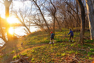 Brothers ride their One-Wheels on a single track mountain biking trail next to the Potomac River. Bethesda, Maryland, United States of America, North America