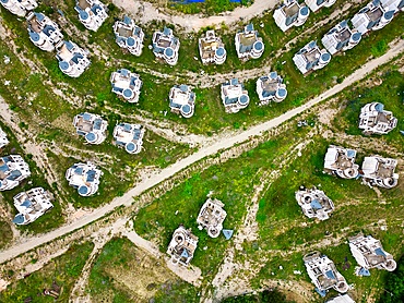 Burj al Babas drone aerial view of abandoned ghost town fairytale castles in Turkey