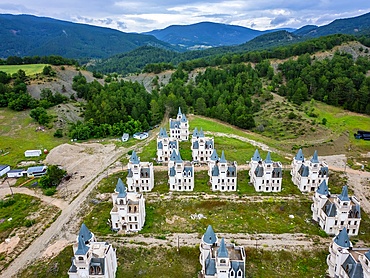 Burj al Babas drone aerial view of abandoned ghost town fairytale castles in Turkey