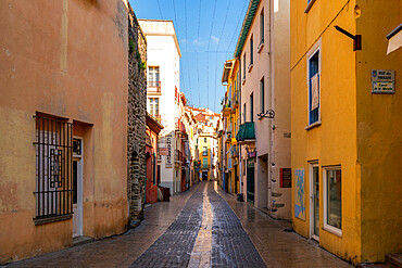 Traditional village street with colorful houses, Collioure, Pyrenees Orientales, France, Europe