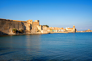 Royal castle of Collioure with the colorful village buildings, Collioure, Pyrenees Orientales, France, Europe