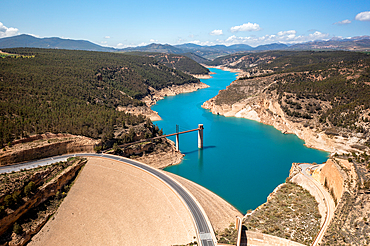 Drone aerial view of Francisco Abellan Dam and Reservoir, Granada, Andalusia, Spain, Europe