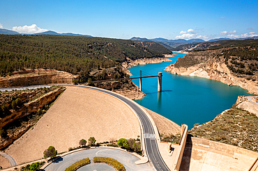 Drone aerial view of Francisco Abellan Dam and Reservoir, Granada, Andalusia, Spain, Europe