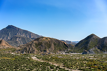 Tabernas desert landscape on a sunny day, Almeria, Andalusia, Spain, Europe