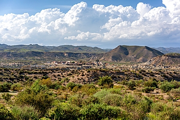 Tabernas desert landscape on a sunny day, Almeria, Andalusia, Spain, Europe