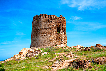 Isola Rossa historic tower at sunse, Sardinia, Italy, Mediterranean, Europe