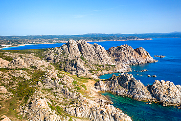 Drone Aerial view of Capo Testa and Moon Valley Valle della Luna, Sardinia, Italy, Mediterranean, Europe