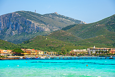 Golfo Aranci view from the other side of the bay with turquoise water, Sardinia, Italy, Mediterranean, Europe