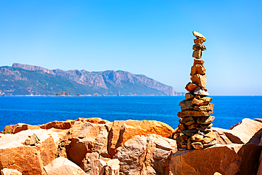 Rock towers with coastal landscape of Sardinia in the background, Sardinia, Italy, Mediterranean, Europe