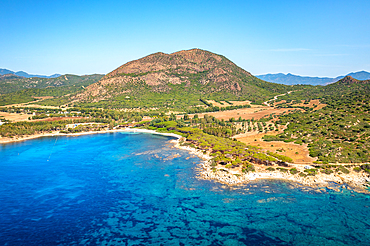 Aerial drone view of Ferrato Cape beach landscape, Sardinia, Italy, Mediterranean, Europe