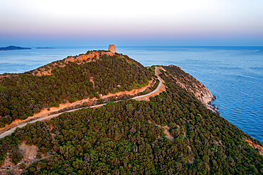 Aerial drone view of Cape Boi at sunset, Sardinia, Italy, Mediterranean, Europe