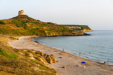 San Giovanni di Sinis beach with historic tower on San Marco Cape, Sardinia, Italy, Mediterranean, Europe