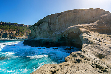 Cane Malu cave with sea waves crashing on the rocks, Sardinia, Italy, Mediterranean, Europe