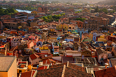 Bosa city colorful buildings at sunset, Bosa, Sardinia, Italy, Mediterranean, Europe