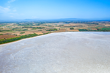 Salt lake of Sale de Porcus, aerial drone view, Sardinia, Italy, Mediterranean, Europe