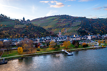 Aerial drone view of Bacharach, a traditional German village with the River Rhine, Rhineland-Palatinate, Germany, Euyrope