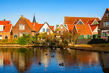 Volendam street with traditional Dutch houses, Volendam, North Holland, The Netherlands, Europe