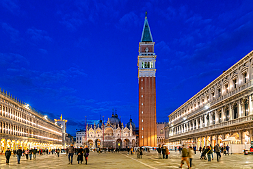 San Marco plaza (St. Mark's Square) with Basilica and church tower illuminated at night, Venice, UNESCO World Heritage Site, Veneto, Italy, Europe