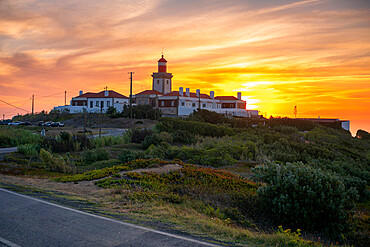 Roca Cape (Cabo da Roca) Lighthouse, westernmost point of Europe, at sunset, Portugal, Europe