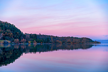 Bolsena lake landscape at sunset, Tuscany, Italy, Europe